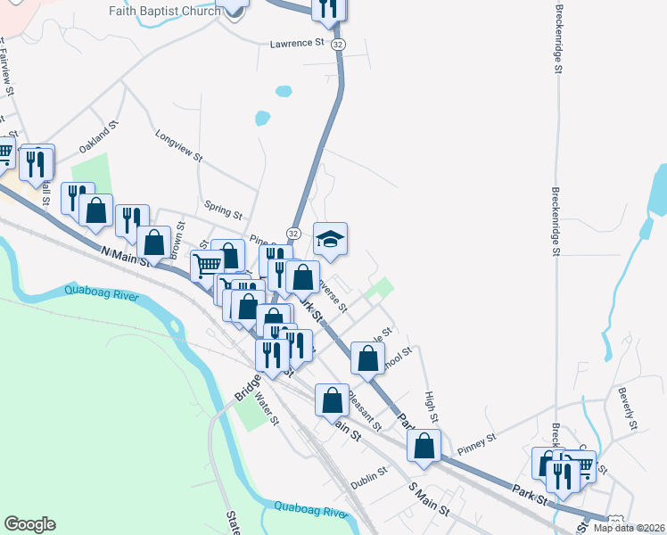 map of restaurants, bars, coffee shops, grocery stores, and more near 24 Converse Street in Palmer