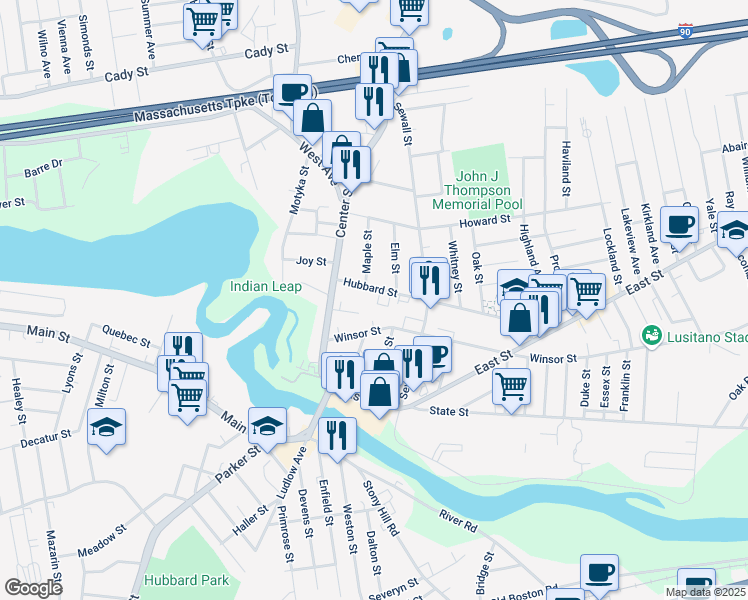 map of restaurants, bars, coffee shops, grocery stores, and more near 34 Hubbard Street in Ludlow