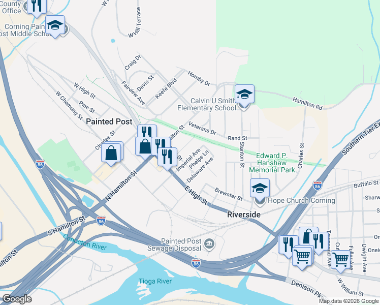 map of restaurants, bars, coffee shops, grocery stores, and more near 353 Olive Street in Painted Post