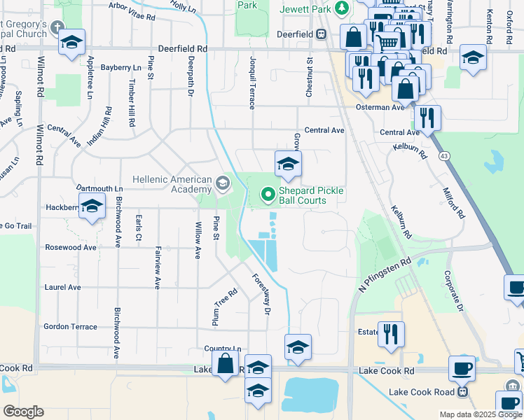map of restaurants, bars, coffee shops, grocery stores, and more near 1045 Hackberry Road in Deerfield