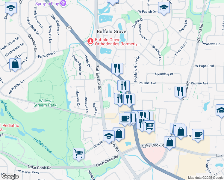 map of restaurants, bars, coffee shops, grocery stores, and more near 362 Town Place Circle in Buffalo Grove