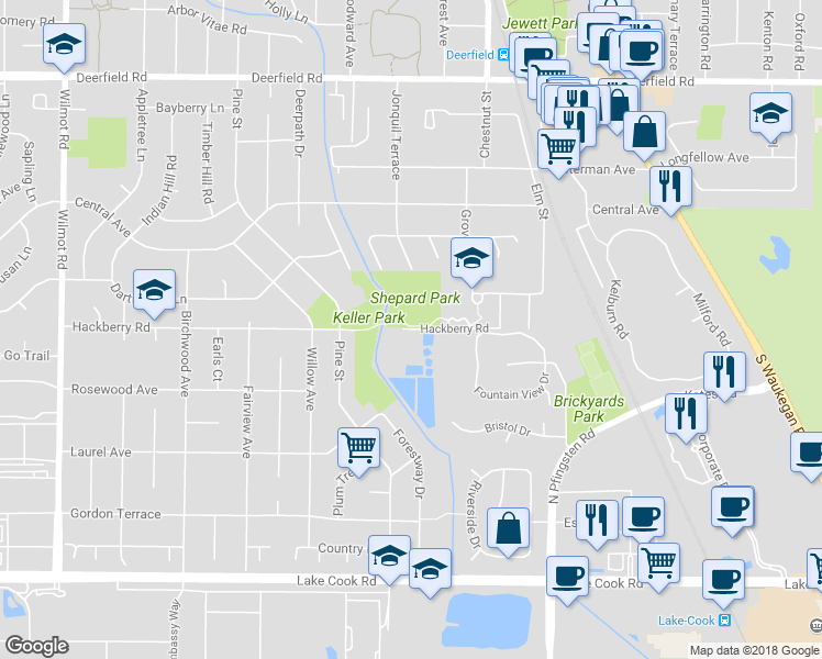 map of restaurants, bars, coffee shops, grocery stores, and more near 1045 Hackberry Road in Deerfield