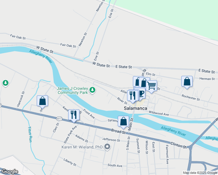 map of restaurants, bars, coffee shops, grocery stores, and more near 125 Atlantic Street in Salamanca