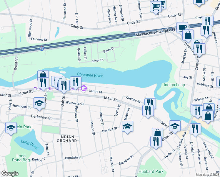 map of restaurants, bars, coffee shops, grocery stores, and more near 393 Water Street in Springfield