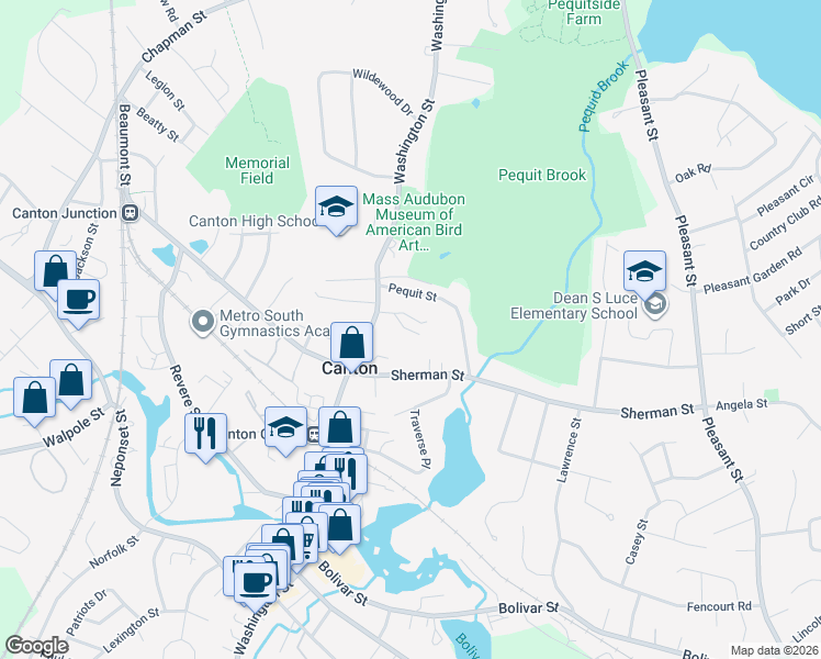 map of restaurants, bars, coffee shops, grocery stores, and more near 875 Washington Street in Canton