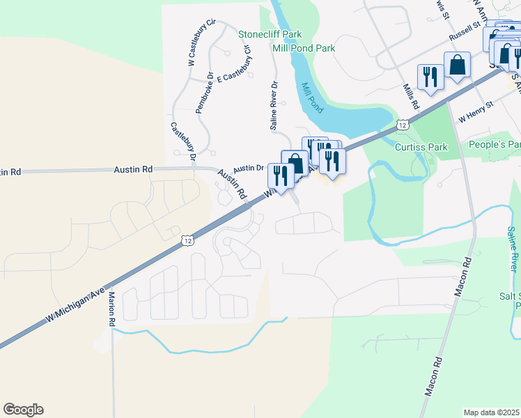 map of restaurants, bars, coffee shops, grocery stores, and more near 901 West Michigan Avenue in Saline