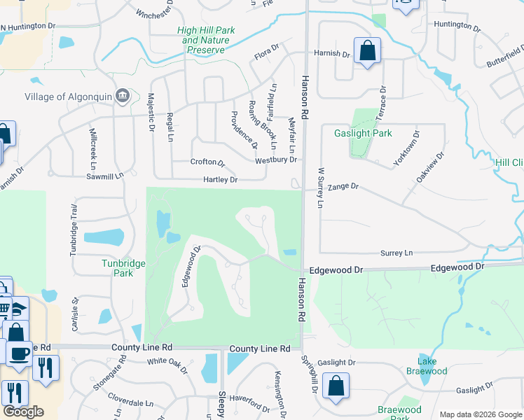 map of restaurants, bars, coffee shops, grocery stores, and more near 955 Interloch Court in Algonquin