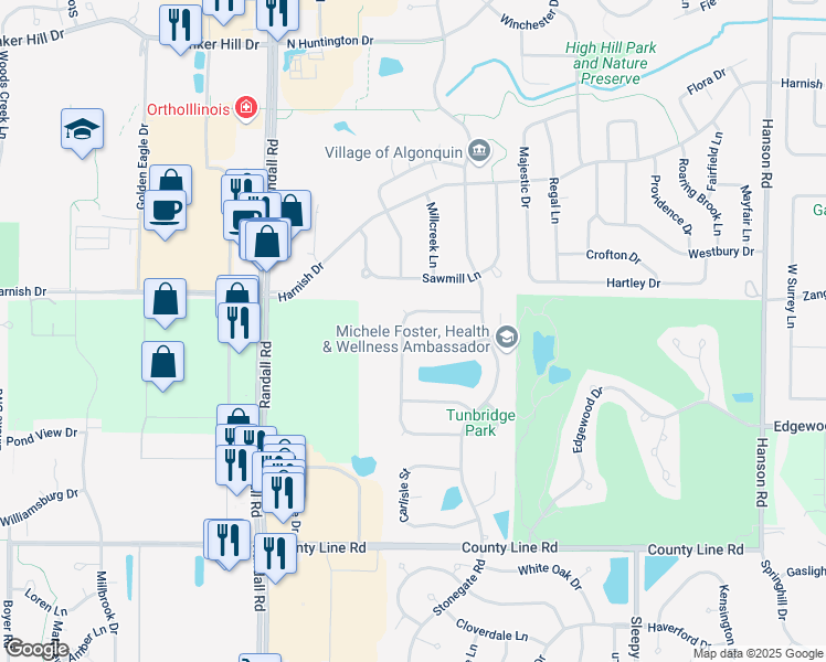 map of restaurants, bars, coffee shops, grocery stores, and more near 1220 Tunbridge Trail in Algonquin