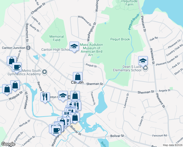 map of restaurants, bars, coffee shops, grocery stores, and more near 875 Washington Street in Canton