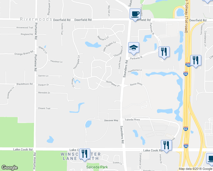 map of restaurants, bars, coffee shops, grocery stores, and more near 2360 Legends Court in Riverwoods
