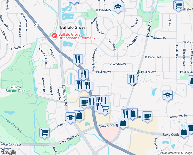 map of restaurants, bars, coffee shops, grocery stores, and more near 4 Buckingham Lane in Buffalo Grove