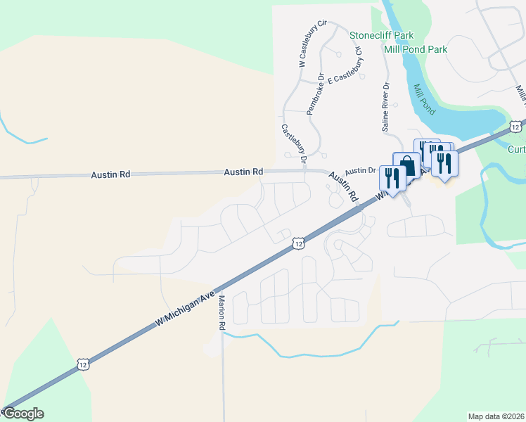 map of restaurants, bars, coffee shops, grocery stores, and more near 3501-4133 Austin Road in Saline
