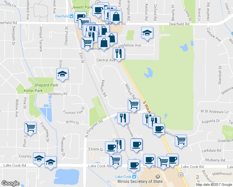 map of restaurants, bars, coffee shops, grocery stores, and more near 391 Kelburn Road in Deerfield