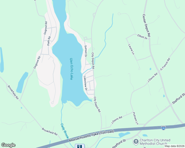 map of restaurants, bars, coffee shops, grocery stores, and more near 94 City Depot Road in Charlton