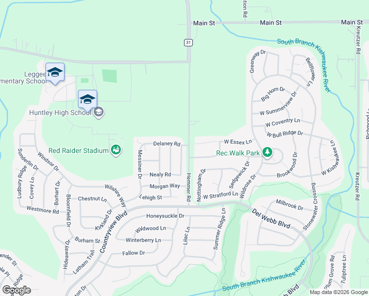 map of restaurants, bars, coffee shops, grocery stores, and more near 11640 Wembley Drive in Huntley