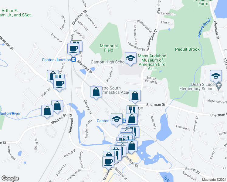 map of restaurants, bars, coffee shops, grocery stores, and more near 475 Sherman Street in Canton