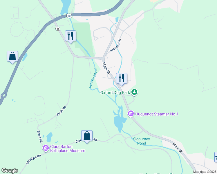 map of restaurants, bars, coffee shops, grocery stores, and more near 681 Massachusetts 12 in Oxford