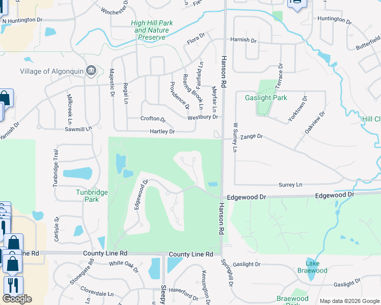map of restaurants, bars, coffee shops, grocery stores, and more near 955 Interloch Court in Algonquin