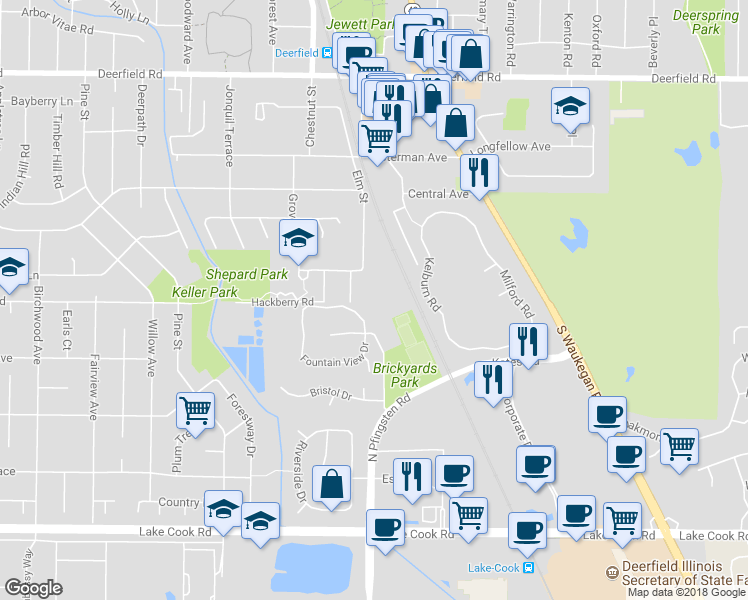 map of restaurants, bars, coffee shops, grocery stores, and more near 423 Elm Street in Deerfield