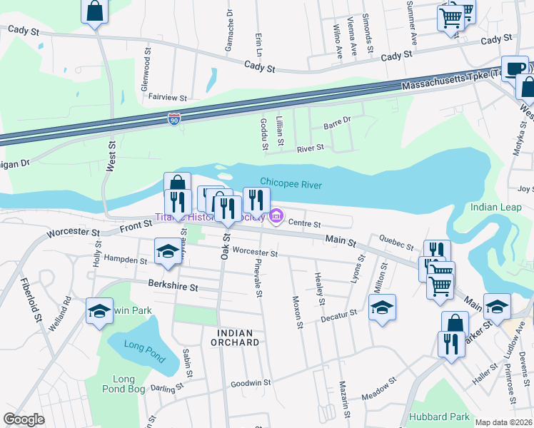 map of restaurants, bars, coffee shops, grocery stores, and more near 267 Water Street in Springfield