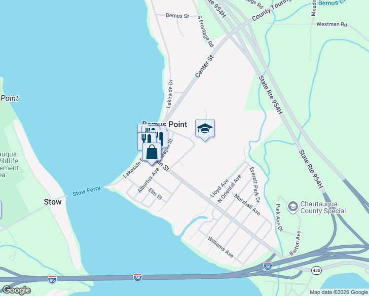 map of restaurants, bars, coffee shops, grocery stores, and more near 25 Sunnyside Avenue in Bemus Point