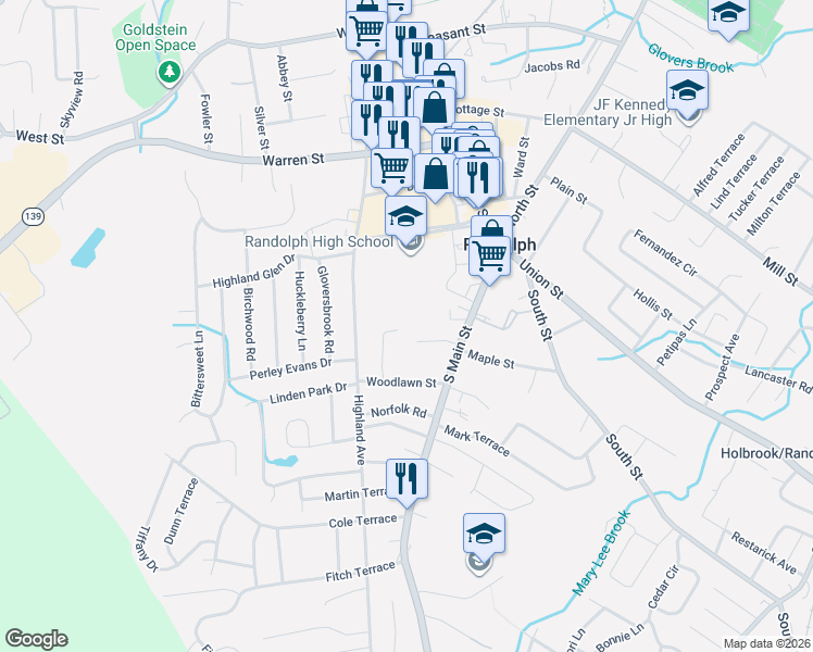 map of restaurants, bars, coffee shops, grocery stores, and more near 15 Howe Circle in Randolph