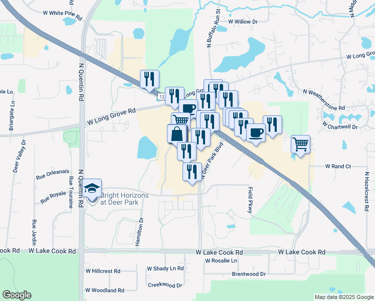 map of restaurants, bars, coffee shops, grocery stores, and more near 20530 North Rand Road in Deer Park