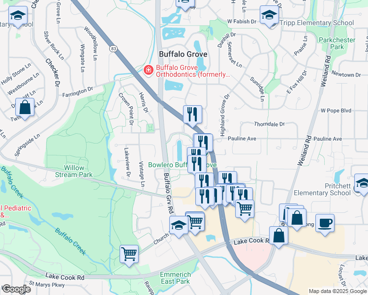 map of restaurants, bars, coffee shops, grocery stores, and more near 362 Town Pl Cir in Buffalo Grove