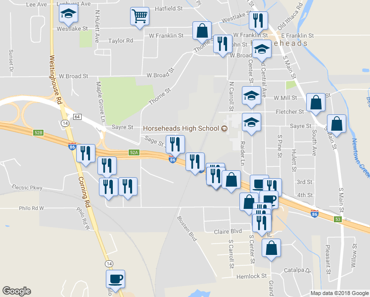 map of restaurants, bars, coffee shops, grocery stores, and more near 230 South Sage Circle in Horseheads