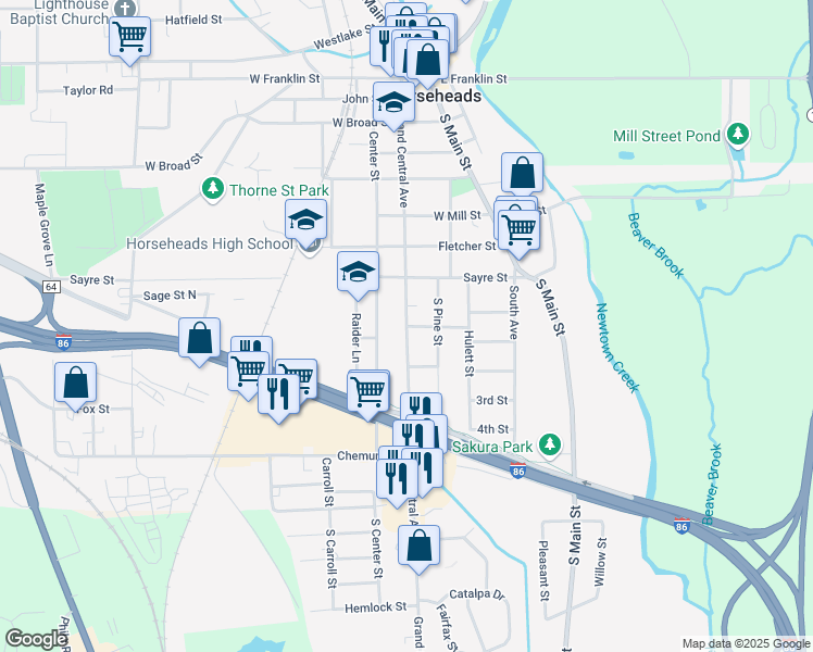 map of restaurants, bars, coffee shops, grocery stores, and more near Grand Central Ave & Perry St in Horseheads