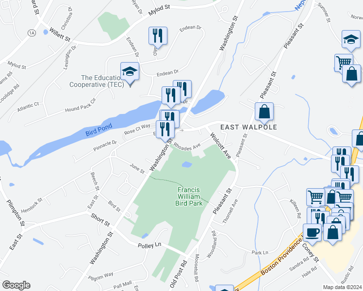 map of restaurants, bars, coffee shops, grocery stores, and more near 22 Rhoades Avenue in Walpole