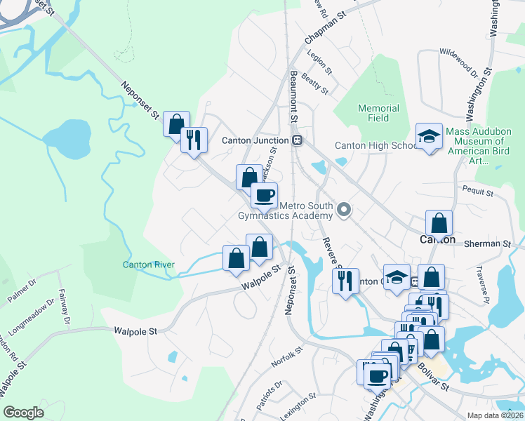 map of restaurants, bars, coffee shops, grocery stores, and more near 399 Neponset Street in Canton