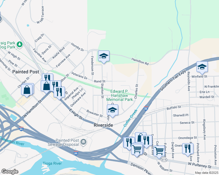 map of restaurants, bars, coffee shops, grocery stores, and more near 3289 Clark Street in Painted Post