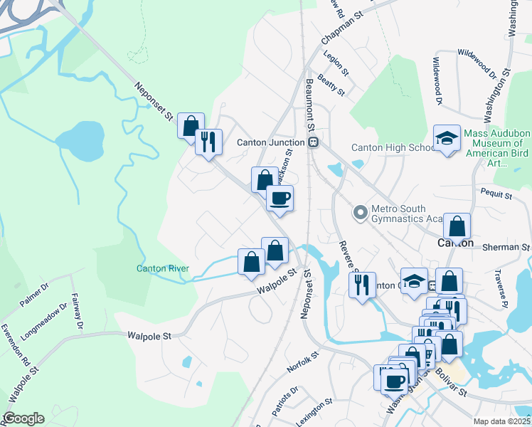 map of restaurants, bars, coffee shops, grocery stores, and more near 33 Fuller Street in Canton