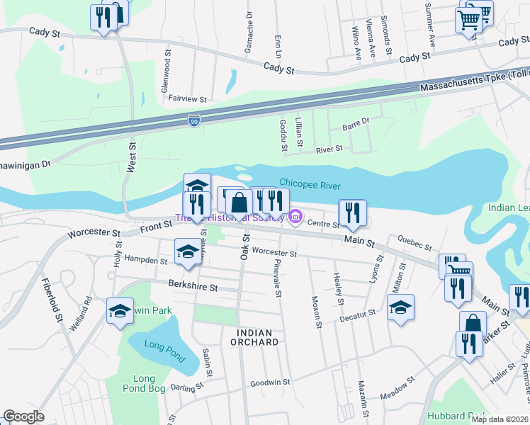 map of restaurants, bars, coffee shops, grocery stores, and more near 13 Oak Street in Springfield