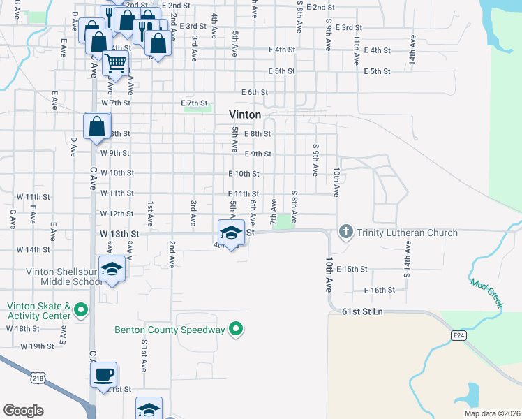 map of restaurants, bars, coffee shops, grocery stores, and more near 607 East 12th Street in Vinton