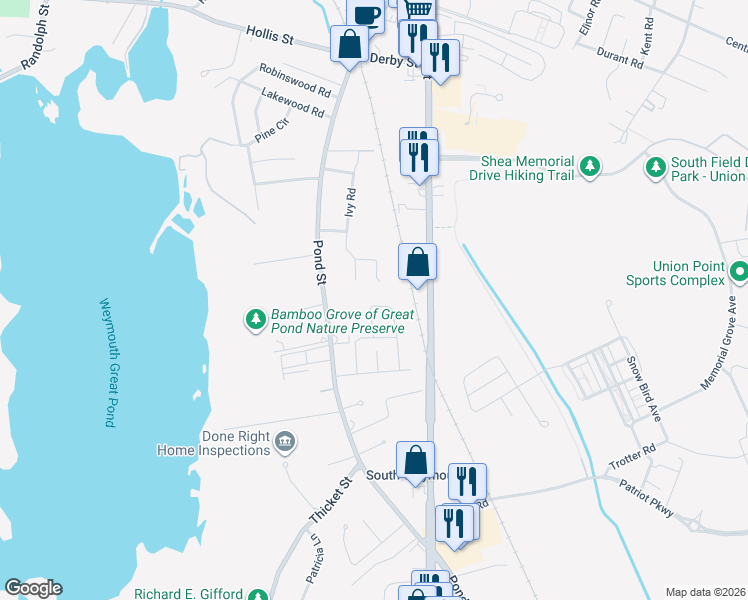 map of restaurants, bars, coffee shops, grocery stores, and more near 77 Clarendon St in Weymouth