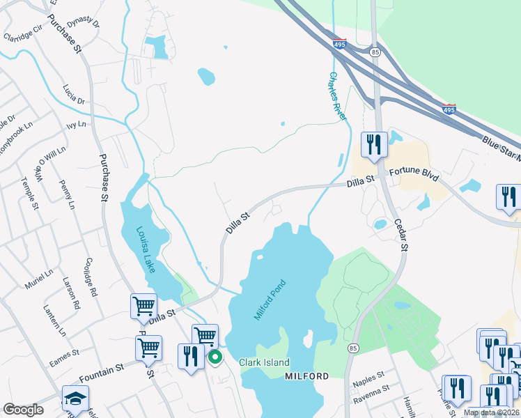 map of restaurants, bars, coffee shops, grocery stores, and more near 57 Dilla Street in Milford