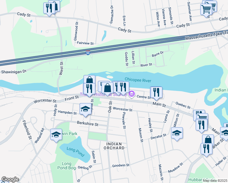 map of restaurants, bars, coffee shops, grocery stores, and more near 13 Oak Street in Springfield