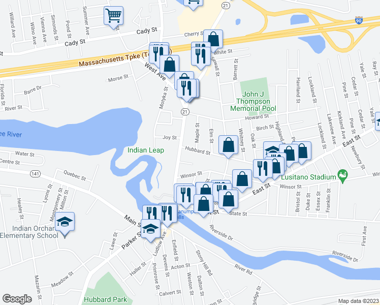 map of restaurants, bars, coffee shops, grocery stores, and more near 34 Hubbard Street in Ludlow