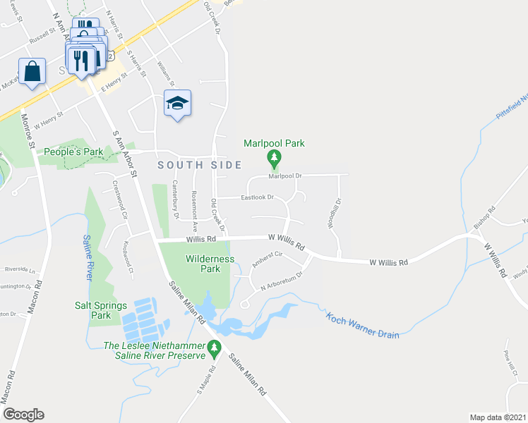 map of restaurants, bars, coffee shops, grocery stores, and more near 467 Springbrook Crescent in Saline