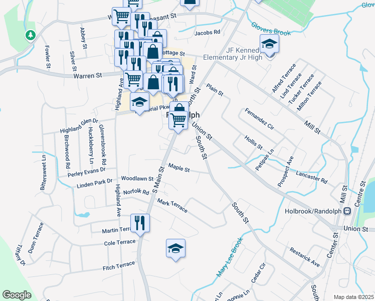 map of restaurants, bars, coffee shops, grocery stores, and more near 50 Union Square in Randolph