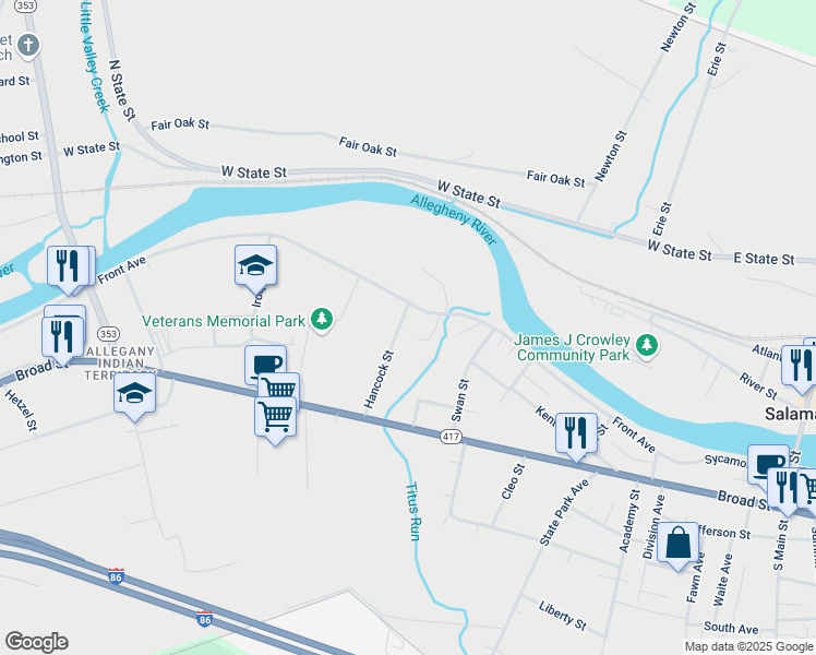 map of restaurants, bars, coffee shops, grocery stores, and more near 82 Hancock Street in Salamanca