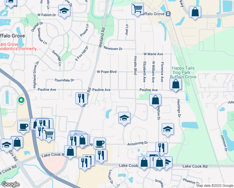 map of restaurants, bars, coffee shops, grocery stores, and more near 445 Ridgewood Lane in Buffalo Grove