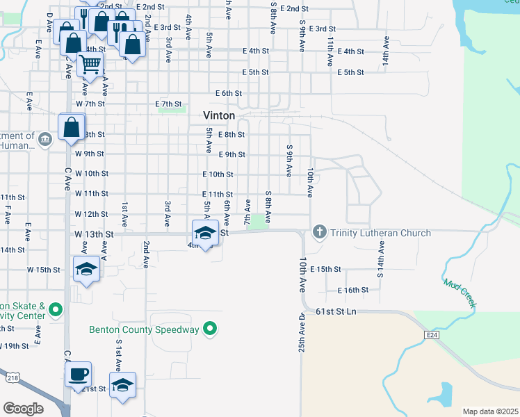 map of restaurants, bars, coffee shops, grocery stores, and more near 709 E 12th St in Vinton