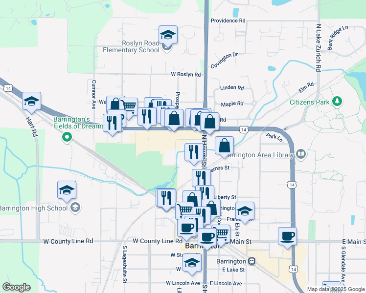 map of restaurants, bars, coffee shops, grocery stores, and more near 111 Lions Drive in Barrington