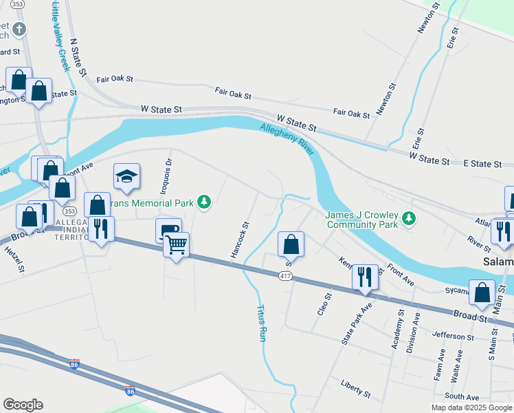 map of restaurants, bars, coffee shops, grocery stores, and more near 82 Hancock Street in Salamanca
