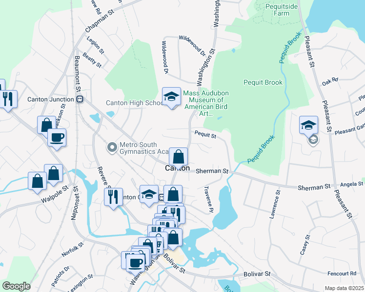 map of restaurants, bars, coffee shops, grocery stores, and more near 30 Endicott Street in Canton