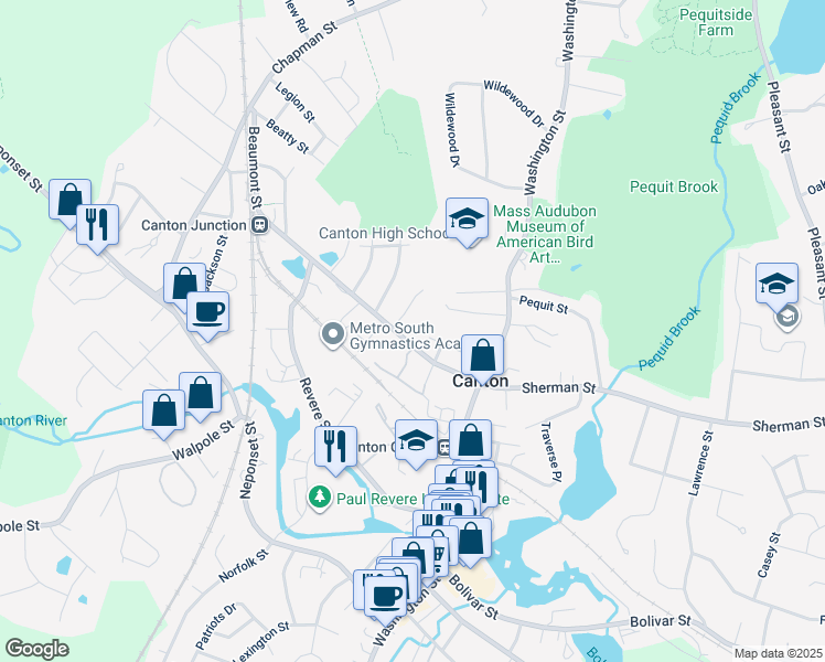 map of restaurants, bars, coffee shops, grocery stores, and more near 1 Burns Avenue in Canton