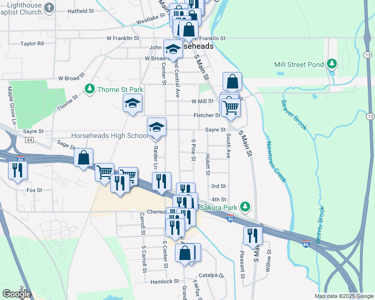 map of restaurants, bars, coffee shops, grocery stores, and more near in Horseheads